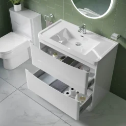 Harbour Clarity 900mm Floorstanding Vanity Unit & Basin - Gloss White -Vado Shop harbour clarity white gloss 900mm floorstanding vanity unit internal lifestyle