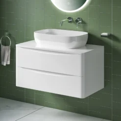 Harbour Clarity 900mm Wall Mounted Vanity Unit & Countertop - Bardolino Driftwood Oak -Vado Shop harbour clarity white gloss 900mm wallhung countertop vanity unit lifestyle