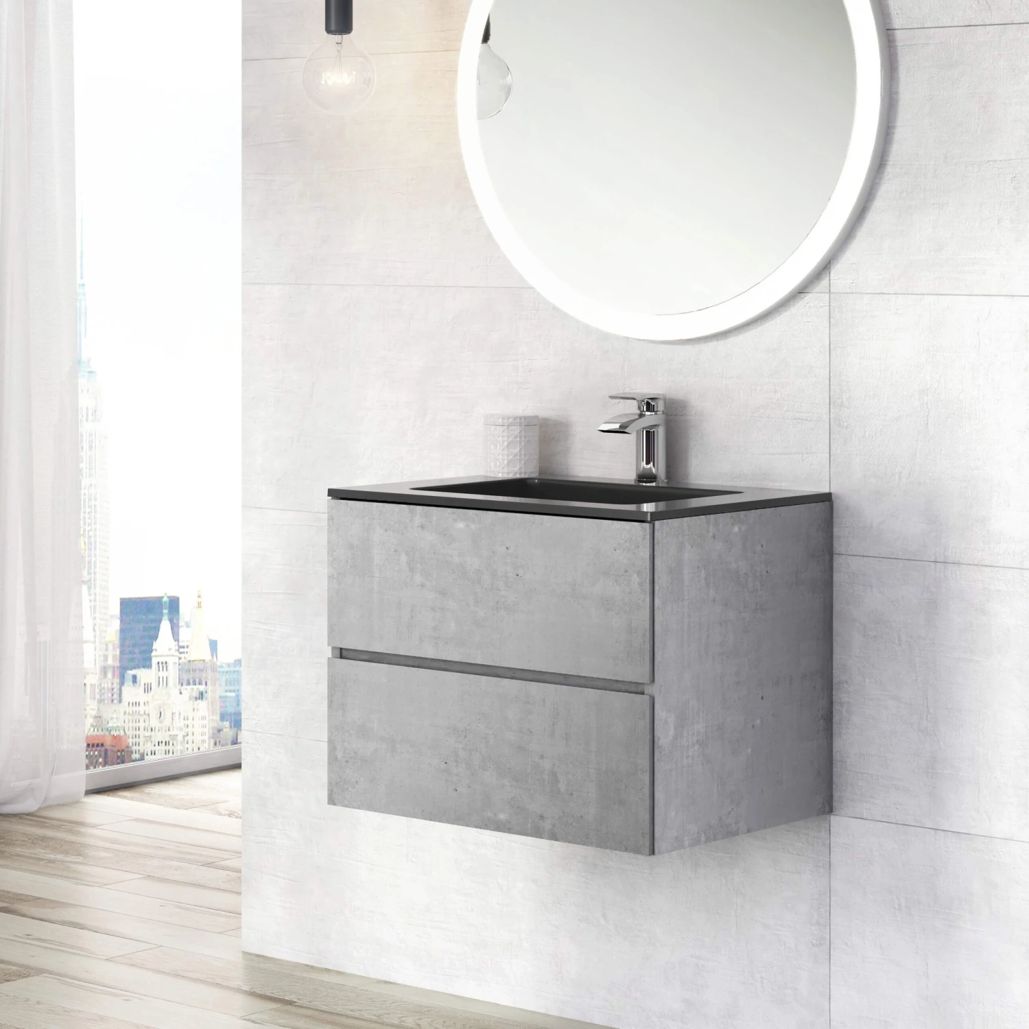 Harbour Substance 600mm 2 Drawer Wall Mounted Vanity Unit & White Basin - Concrete Effect 2 Harbour Substance 600mm 2 Drawer Wall Mounted Vanity Unit & White Basin - Concrete Effect - Image 2