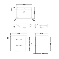Harbour Grace 600mm Wall Mounted Vanity Unit With Polymarble Basin - White Gloss -Vado Shop harbour grace 600mm vanity unit technical drawing5B15D
