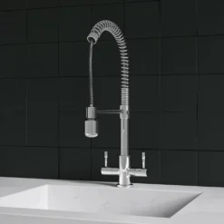 Harbour Groove Twin Lever Mono Kitchen Sink Mixer Tap With Pull Out Hose - Polished Chrome