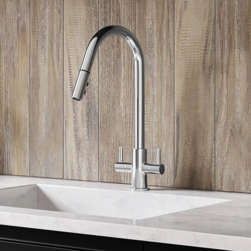 Harbour Pro Twin Lever Mono Pull Out Spray Kitchen Mixer Tap - Polished Chrome 1 Harbour Pro Twin Lever Mono Pull Out Spray Kitchen Mixer Tap - Polished Chrome