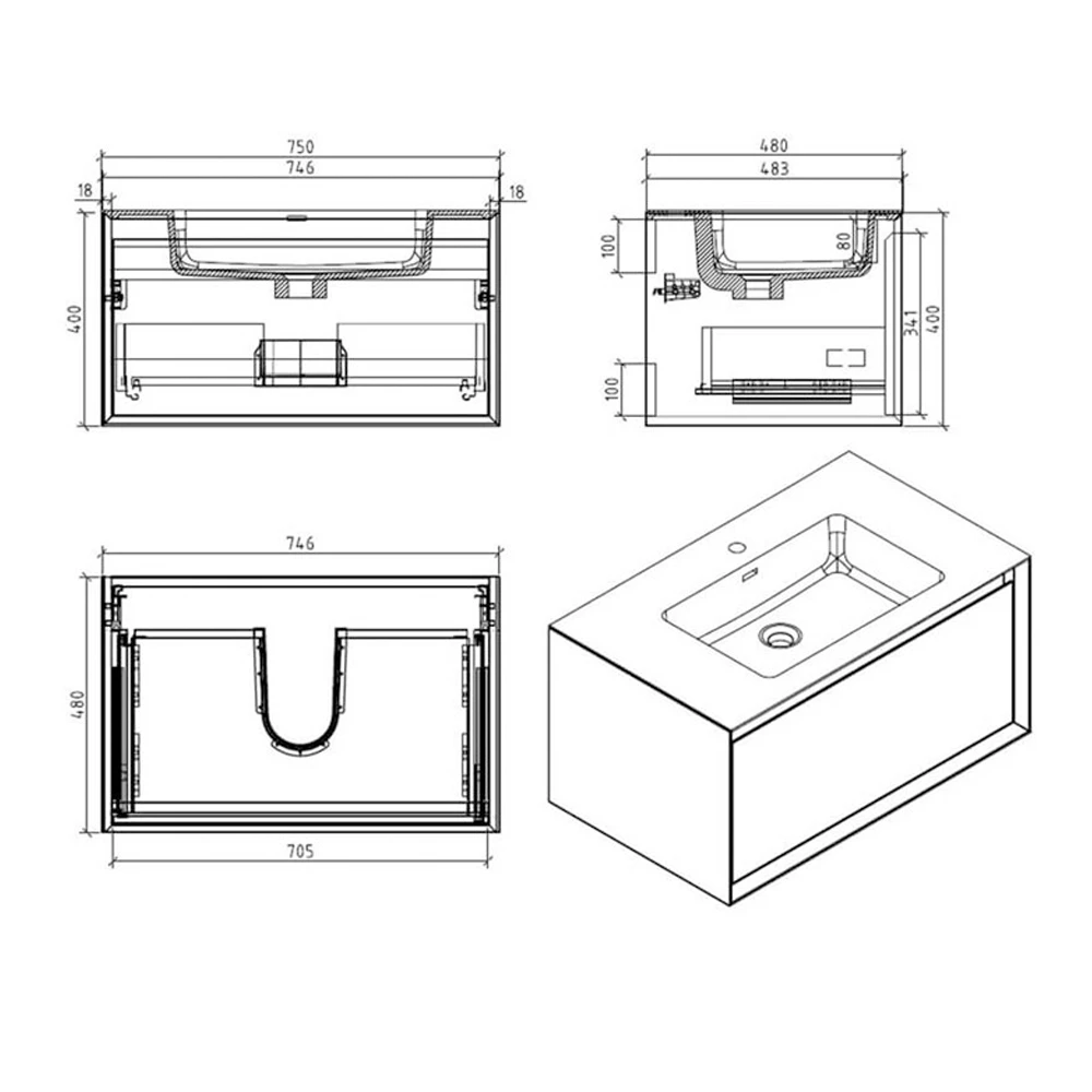 Harbour Scene 750mm Wall Mounted Vanity Unit & Basin - White/Oak 4 Harbour Scene 750mm Wall Mounted Vanity Unit & Basin - White/Oak - Image 4