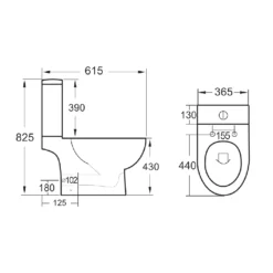 Harbour Serenity Rimless Close Coupled Open Back Toilet With Wrap Over Soft Close Seat -Vado Shop harbour serenity rimless close coupled open back toilet tech drawing
