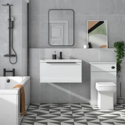 Harbour Status 800mm Wall Hung Vanity Unit & Basin - Gloss White With Matt Black Handle 14 Harbour Status 800mm Wall Hung Vanity Unit & Basin - Gloss White With Matt Black Handle -Vado Shop harbour status 800mm gloss white vanity unit black handle lifestyle