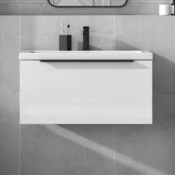 Harbour Status 800mm Wall Hung Vanity Unit & Basin - Gloss White With Matt Black Handle