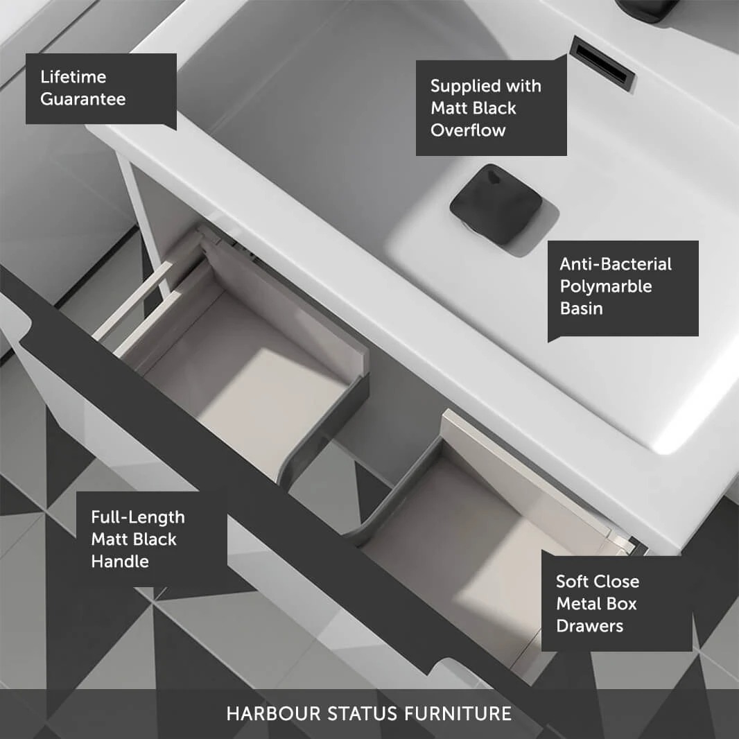 Harbour Status 600mm Wall Hung Vanity Unit & Basin - Gloss White With Matt Black Handle 4 Harbour Status 600mm Wall Hung Vanity Unit & Basin - Gloss White With Matt Black Handle - Image 4