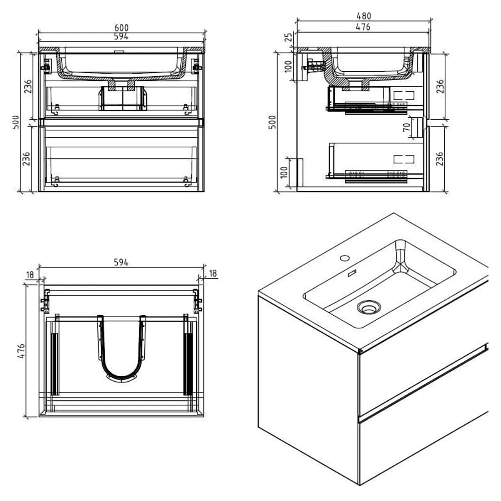 Harbour Substance 600mm 2 Drawer Wall Mounted Vanity Unit & White Basin - Concrete Effect 7 Harbour Substance 600mm 2 Drawer Wall Mounted Vanity Unit & White Basin - Concrete Effect - Image 7