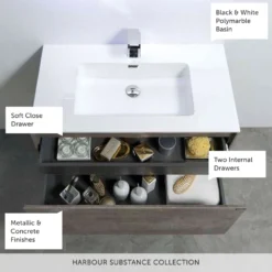 Harbour Substance 600mm 1 Drawer Wall Mounted Vanity Unit & Black Basin - Concrete Effect -Vado Shop harbour substance collection banner call outs white