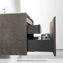 Harbour Substance 600mm 1 Drawer Wall Mounted Vanity Unit & Black Basin - Concrete Effect -Vado Shop harbour substance metallic effect unit open drawer banner