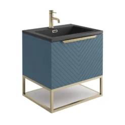 Harbour Symmetry 600mm Wall Hung Vanity Unit With Brushed Brass Frame Shelf And Handle - Grey Basin & Matt Twilight Blue Unit -Vado Shop harbour symmetry 600mm blue unit grey basin brushed brass frame cutout