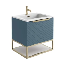 Harbour Symmetry 600mm Wall Hung Vanity Unit With Brushed Brass Frame Shelf And Handle - Grey Basin & Matt Twilight Blue Unit -Vado Shop harbour symmetry 600mm blue unit white basin brushed brass frame cutout