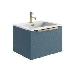 Harbour Symmetry 600mm Wall Hung Vanity Unit With Brushed Brass Handle - Grey Basin & Matt Pastel Pink Unit