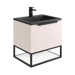 Harbour Symmetry 600mm Wall Hung Vanity Unit With Matt Black Frame Shelf And Handle - White Basin & Matt Pastel Pink Unit -Vado Shop harbour symmetry 600mm pink unit grey basin black frame cutout