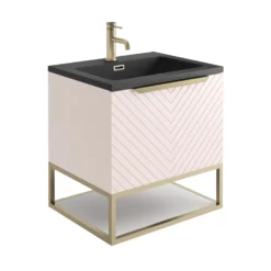 Harbour Symmetry 600mm Wall Hung Vanity Unit With Brushed Brass Frame Shelf And Handle - Grey Basin & Matt Twilight Blue Unit