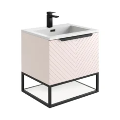 Harbour Symmetry 600mm Wall Hung Vanity Unit With Matt Black Frame Shelf And Handle - White Basin & Matt Pastel Pink Unit -Vado Shop harbour symmetry 600mm pink unit white basin black frame cutout