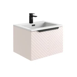 Harbour Symmetry 600mm Wall Hung Vanity Unit With Matt Black Handle - Grey Basin & Matt Pastel Pink Unit