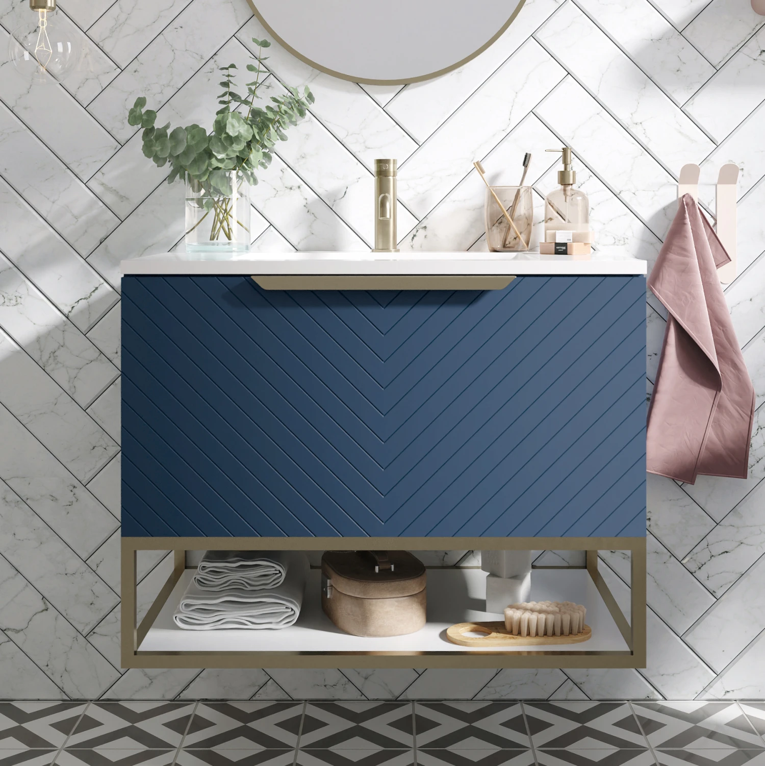 Harbour Symmetry 800mm Wall Hung Vanity Unit With Brushed Brass Frame Shelf And Handle - Grey Basin & Matt Pastel Pink Unit 2 Harbour Symmetry 800mm Wall Hung Vanity Unit With Brushed Brass Frame Shelf And Handle - Grey Basin & Matt Pastel Pink Unit - Image 2