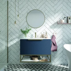 Harbour Symmetry 800mm Wall Hung Vanity Unit With Brushed Brass Frame Shelf And Handle - Grey Basin & Matt Pastel Pink Unit 18 Harbour Symmetry 800mm Wall Hung Vanity Unit With Brushed Brass Frame Shelf And Handle - Grey Basin & Matt Pastel Pink Unit -Vado Shop harbour symmetry 800mm blue unit white basin brushed brass frame room set scaled