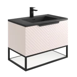 Harbour Symmetry 800mm Wall Hung Vanity Unit With Matt Black Frame Shelf And Handle - White Basin & Matt Pastel Pink Unit -Vado Shop harbour symmetry 800mm pink unit grey basin black frame cutout