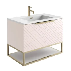 Harbour Symmetry 800mm Wall Hung Vanity Unit With Brushed Brass Frame Shelf And Handle - Grey Basin & Matt Pastel Pink Unit 16 Harbour Symmetry 800mm Wall Hung Vanity Unit With Brushed Brass Frame Shelf And Handle - Grey Basin & Matt Pastel Pink Unit -Vado Shop harbour symmetry 800mm pink unit white basin brushed brass frame cutout