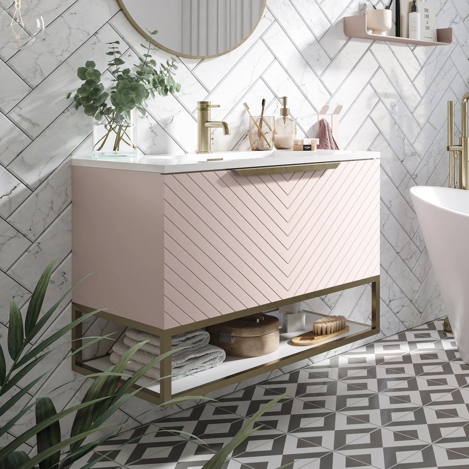 Harbour Symmetry 800mm Wall Hung Vanity Unit With Brushed Brass Frame Shelf And Handle - Grey Basin & Matt Pastel Pink Unit 1 Harbour Symmetry 800mm Wall Hung Vanity Unit With Brushed Brass Frame Shelf And Handle - Grey Basin & Matt Pastel Pink Unit