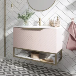 Harbour Symmetry 800mm Wall Hung Vanity Unit With Brushed Brass Frame Shelf And Handle - Grey Basin & Matt Pastel Pink Unit 13 Harbour Symmetry 800mm Wall Hung Vanity Unit With Brushed Brass Frame Shelf And Handle - Grey Basin & Matt Pastel Pink Unit -Vado Shop harbour symmetry 800mm pink unit white basin brushed brass frame lifestyle2