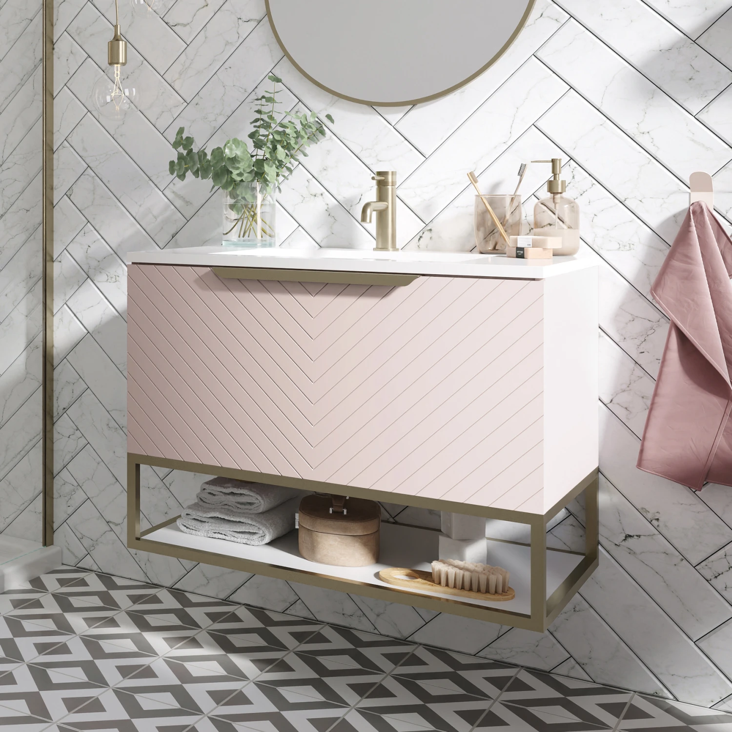 Harbour Symmetry 800mm Wall Hung Vanity Unit With Brushed Brass Frame Shelf And Handle - Grey Basin & Matt Pastel Pink Unit 3 Harbour Symmetry 800mm Wall Hung Vanity Unit With Brushed Brass Frame Shelf And Handle - Grey Basin & Matt Pastel Pink Unit - Image 3