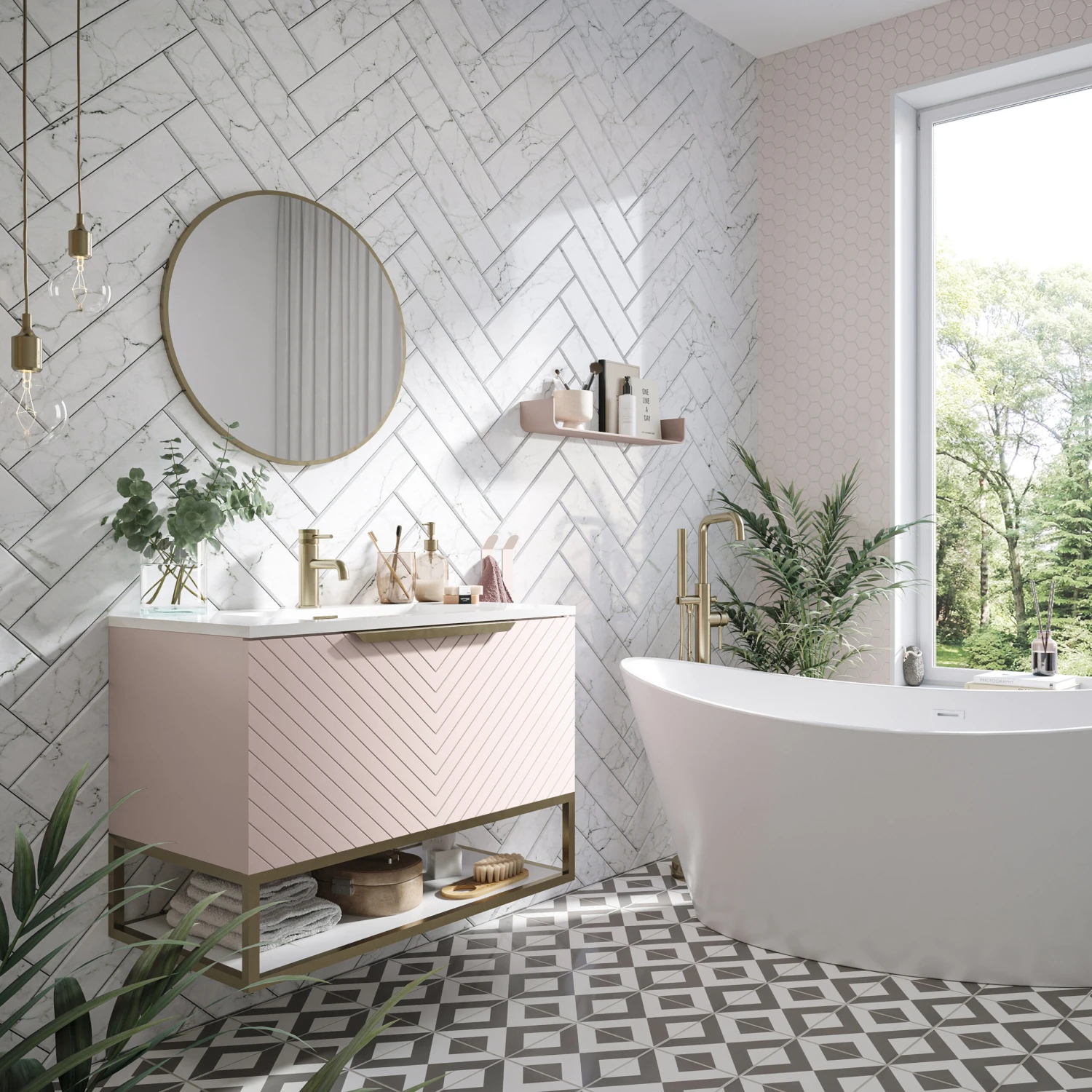 Harbour Symmetry 800mm Wall Hung Vanity Unit With Brushed Brass Frame Shelf And Handle - Grey Basin & Matt Pastel Pink Unit 9 Harbour Symmetry 800mm Wall Hung Vanity Unit With Brushed Brass Frame Shelf And Handle - Grey Basin & Matt Pastel Pink Unit - Image 9