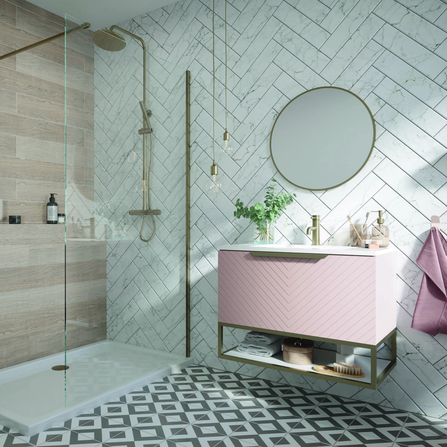 Harbour Symmetry 800mm Wall Hung Vanity Unit With Brushed Brass Frame Shelf And Handle - Grey Basin & Matt Pastel Pink Unit 10 Harbour Symmetry 800mm Wall Hung Vanity Unit With Brushed Brass Frame Shelf And Handle - Grey Basin & Matt Pastel Pink Unit - Image 10