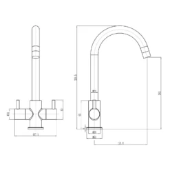 Harbour Vibe Twin Lever Mono Kitchen Mixer Tap - Polished Chrome -Vado Shop harbour vibe twin lever mono kitchen mixer tech drawing