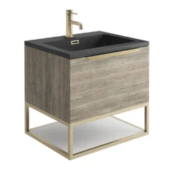 Harbour Virtue 600mm Wall Hung Vanity Unit With LED Illumination, Brushed Brass Frame Shelf & White Basin - Rustic Oak & Brushed Brass Handle 18 Harbour Virtue 600mm Wall Hung Vanity Unit With LED Illumination, Brushed Brass Frame Shelf & White Basin - Rustic Oak & Brushed Brass Handle -Vado Shop harbour virtue 600 grey oak unit grey basin brushed brass frame cutout