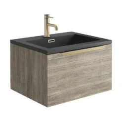Harbour Virtue 600mm Wall Hung Vanity Unit With LED Illumination & Grey Basin - Grey Oak & Brushed Brass Handle -Vado Shop harbour virtue 600 grey oak unit grey basin brushed brass handle cutout