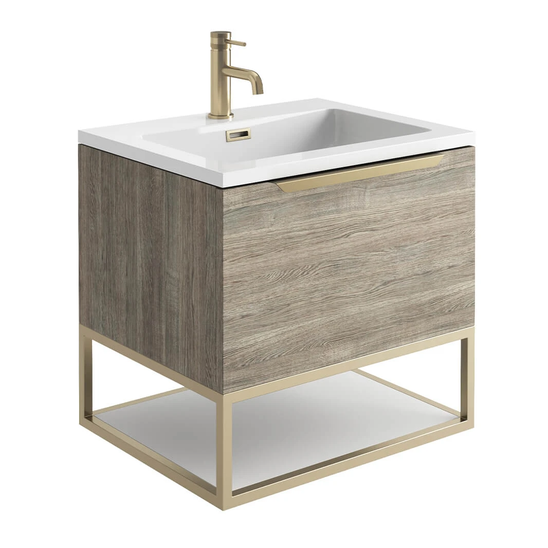 Harbour Virtue 600mm Wall Hung Vanity Unit With LED Illumination, Brushed Brass Frame Shelf & White Basin - Rustic Oak & Brushed Brass Handle 7 Harbour Virtue 600mm Wall Hung Vanity Unit With LED Illumination, Brushed Brass Frame Shelf & White Basin - Rustic Oak & Brushed Brass Handle - Image 7