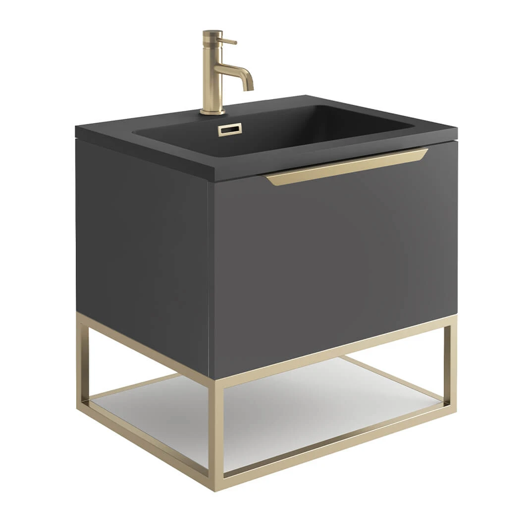 Harbour Virtue 600mm Wall Hung Vanity Unit With LED Illumination, Brushed Brass Frame Shelf & White Basin - Rustic Oak & Brushed Brass Handle 8 Harbour Virtue 600mm Wall Hung Vanity Unit With LED Illumination, Brushed Brass Frame Shelf & White Basin - Rustic Oak & Brushed Brass Handle - Image 8