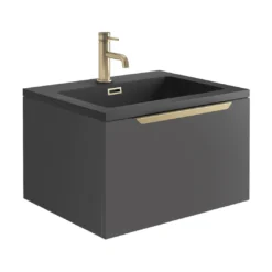 Harbour Virtue 600mm Wall Hung Vanity Unit With LED Illumination & Grey Basin - Grey Oak & Brushed Brass Handle -Vado Shop harbour virtue 600 matt grey unit grey basin brushed brass handle cutout