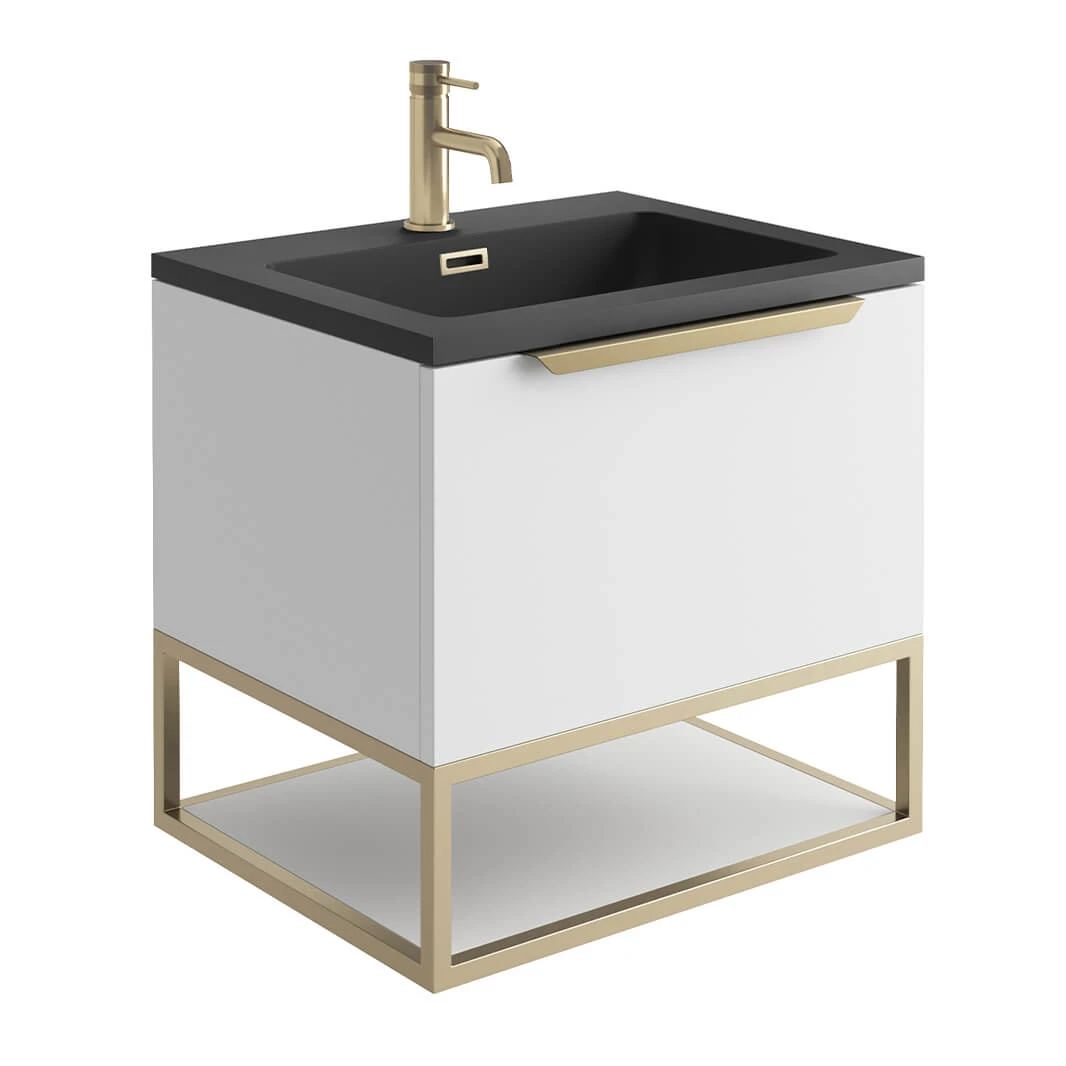 Harbour Virtue 600mm Wall Hung Vanity Unit With LED Illumination, Brushed Brass Frame Shelf & White Basin - Rustic Oak & Brushed Brass Handle 10 Harbour Virtue 600mm Wall Hung Vanity Unit With LED Illumination, Brushed Brass Frame Shelf & White Basin - Rustic Oak & Brushed Brass Handle - Image 10