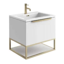Harbour Virtue 600mm Wall Hung Vanity Unit With LED Illumination, Brushed Brass Frame Shelf & White Basin - Rustic Oak & Brushed Brass Handle 23 Harbour Virtue 600mm Wall Hung Vanity Unit With LED Illumination, Brushed Brass Frame Shelf & White Basin - Rustic Oak & Brushed Brass Handle -Vado Shop harbour virtue 600 matt white unit white basin brushed brass frame cutout