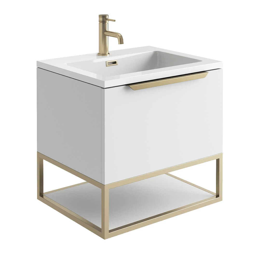 Harbour Virtue 600mm Wall Hung Vanity Unit With LED Illumination, Brushed Brass Frame Shelf & White Basin - Rustic Oak & Brushed Brass Handle 11 Harbour Virtue 600mm Wall Hung Vanity Unit With LED Illumination, Brushed Brass Frame Shelf & White Basin - Rustic Oak & Brushed Brass Handle - Image 11