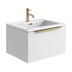 Harbour Virtue 600mm Wall Hung Vanity Unit With LED Illumination & Grey Basin - Grey Oak & Brushed Brass Handle