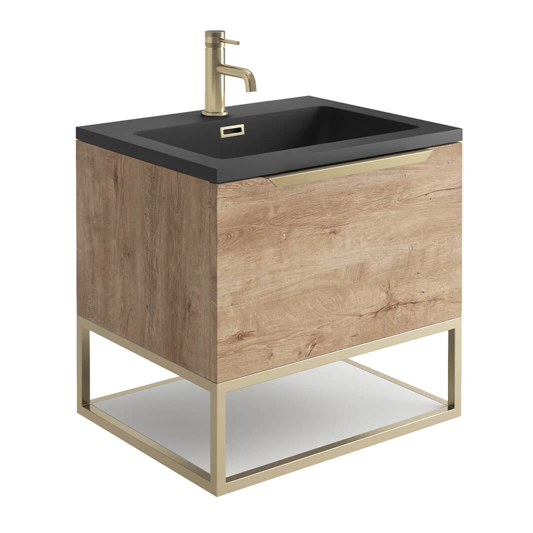 Harbour Virtue 600mm Wall Hung Vanity Unit With LED Illumination, Brushed Brass Frame Shelf & White Basin - Rustic Oak & Brushed Brass Handle 4 Harbour Virtue 600mm Wall Hung Vanity Unit With LED Illumination, Brushed Brass Frame Shelf & White Basin - Rustic Oak & Brushed Brass Handle - Image 4