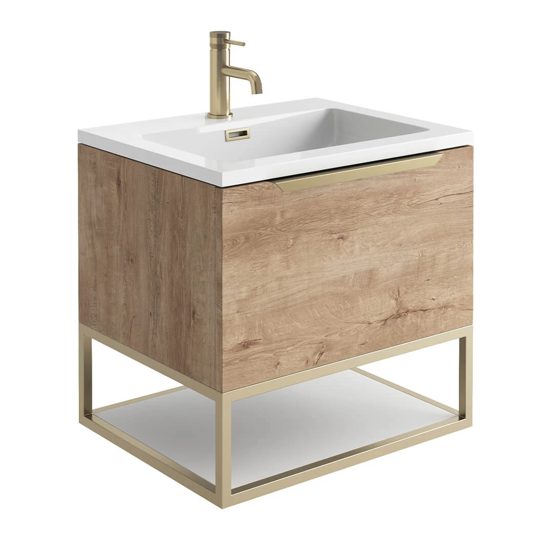Harbour Virtue 600mm Wall Hung Vanity Unit With LED Illumination, Brushed Brass Frame Shelf & White Basin - Rustic Oak & Brushed Brass Handle 5 Harbour Virtue 600mm Wall Hung Vanity Unit With LED Illumination, Brushed Brass Frame Shelf & White Basin - Rustic Oak & Brushed Brass Handle - Image 5
