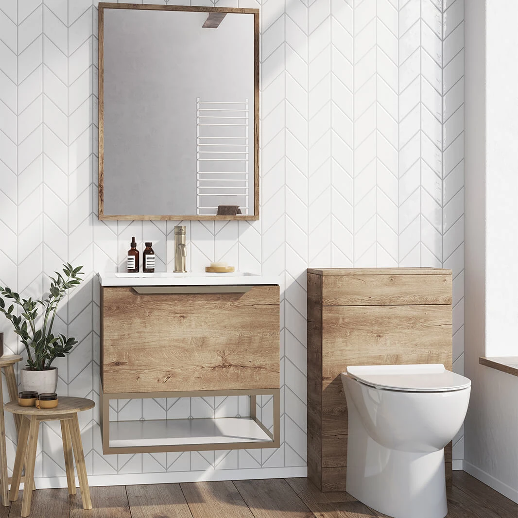 Harbour Virtue 600mm Wall Hung Vanity Unit With LED Illumination, Brushed Brass Frame Shelf & White Basin - Rustic Oak & Brushed Brass Handle 12 Harbour Virtue 600mm Wall Hung Vanity Unit With LED Illumination, Brushed Brass Frame Shelf & White Basin - Rustic Oak & Brushed Brass Handle - Image 12