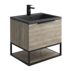 Harbour Virtue 600mm Wall Hung Vanity Unit With LED Illumination, Black Framed Shelf & Grey Basin - Matt White & Matt Black Handle -Vado Shop harbour virtue 600mm wall hung grey oak vanity unit black framed shelf cutout