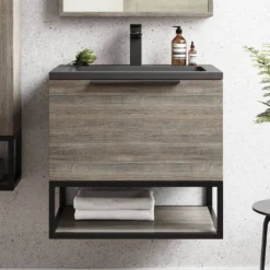 Harbour Virtue 600mm Wall Hung Vanity Unit With LED Illumination, Black Framed Shelf & Grey Basin - Matt White & Matt Black Handle