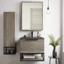 Harbour Virtue 600mm Wall Hung Vanity Unit With LED Illumination, Black Framed Shelf & Grey Basin - Matt White & Matt Black Handle -Vado Shop harbour virtue 600mm wall hung grey oak vanity unit black framed shelf lifestyle