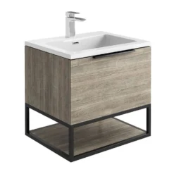 Harbour Virtue 600mm Wall Hung Vanity Unit With LED Illumination, Black Framed Shelf & Grey Basin - Matt White & Matt Black Handle -Vado Shop harbour virtue 600mm wall hung grey oak vanity unit black framed shelf white basin cutout