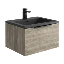 Harbour Virtue 600mm Wall Hung Vanity Unit With LED Illumination & White Basin - Rustic Oak & Matt Black Handle -Vado Shop harbour virtue 600mm wall hung grey oak vanity unit cutout