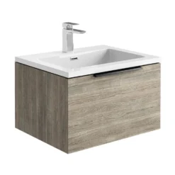 Harbour Virtue 600mm Wall Hung Vanity Unit With LED Illumination & White Basin - Rustic Oak & Matt Black Handle -Vado Shop harbour virtue 600mm wall hung grey oak vanity unit white basin cutout