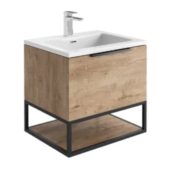 Harbour Virtue 600mm Wall Hung Vanity Unit With LED Illumination, Black Framed Shelf & Grey Basin - Matt White & Matt Black Handle -Vado Shop harbour virtue 600mm wall hung rustic oak vanity unit black framed shelf cutout